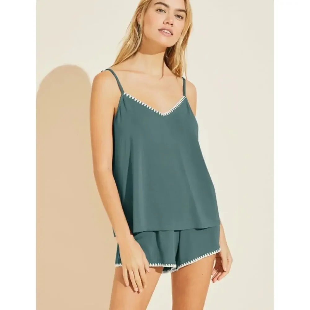 EBERJEY Women's Frida Cami & Shortie PJ Set Small Green Agave Ivory Modal NWT
